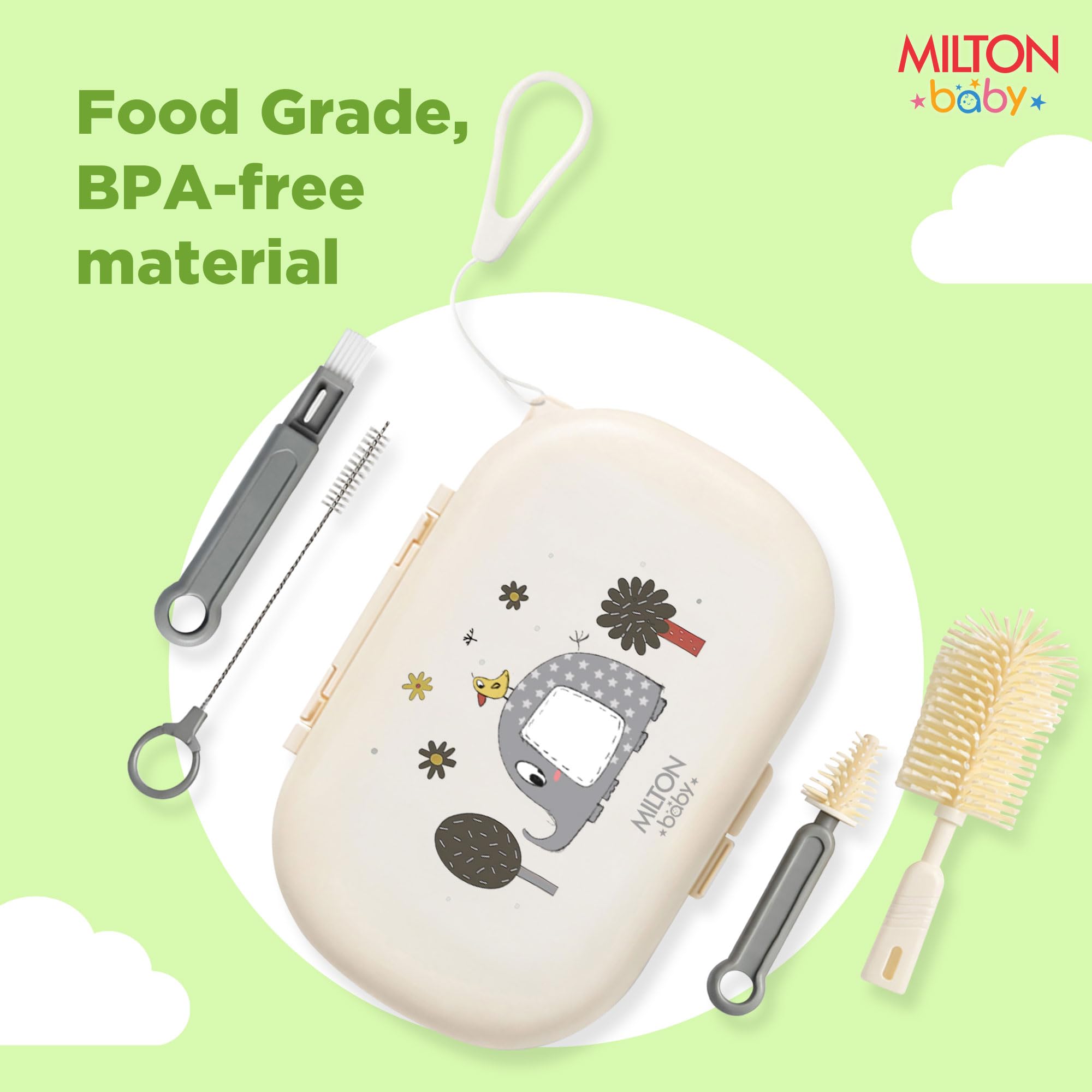 Milton Baby 5-in-1 Travel Bottle Cleaner Kit I Bottle, Nipple & Straw Cleaner I BPA Free - Food Grade Silicone Brush,Compact Soap Dispenser,Drying Rack,Home And Travel Essential, Elephant Print, Cream 2