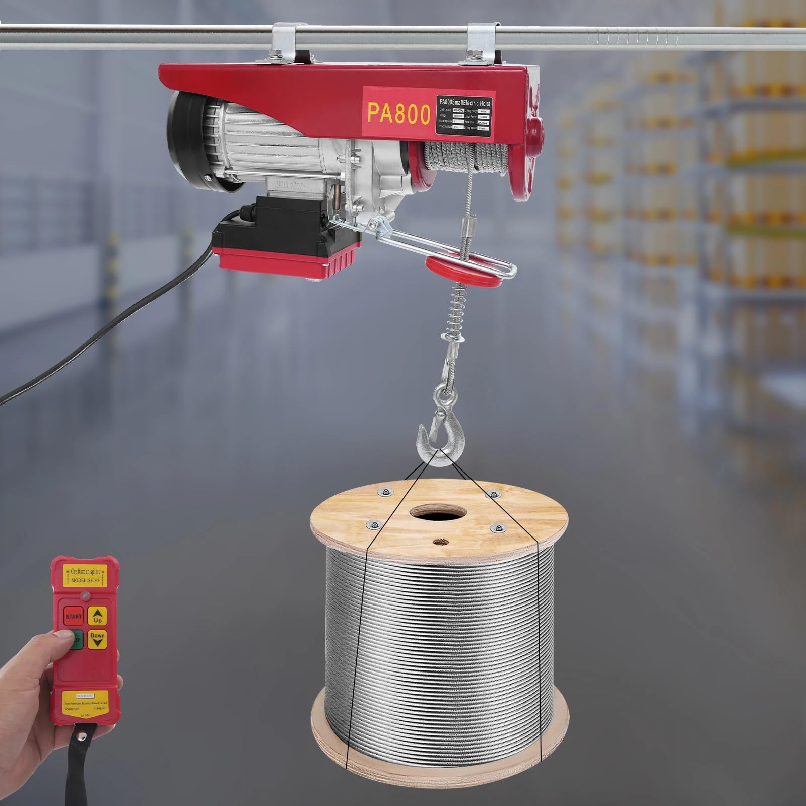 Elektro-Seilzug Hochleistungs-Elektrohebezeug mit 2 Haken und Schlingen, 220 V, ideal für das Heben im Fabriklager auf der Baustelle
