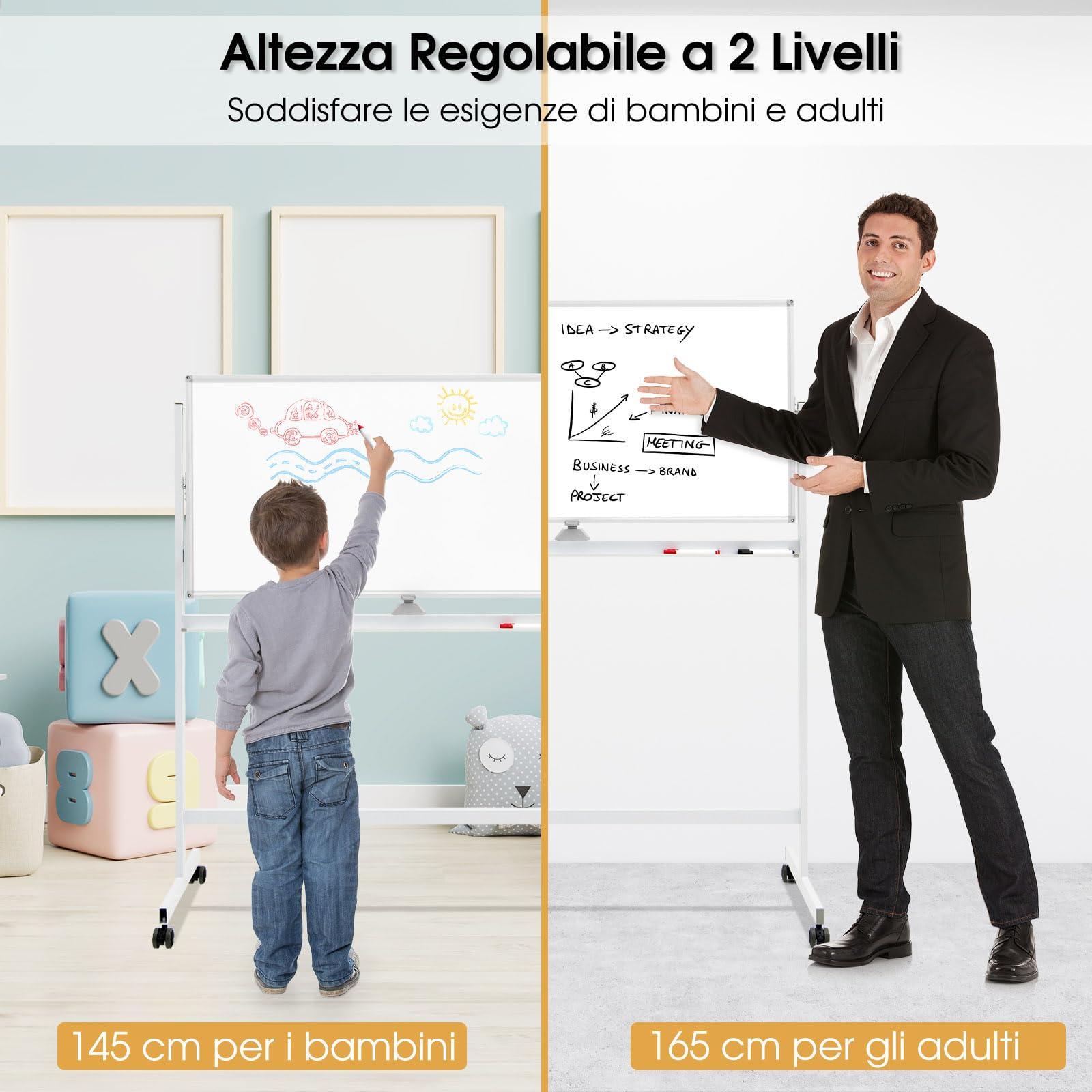 GYMAX Lavagna Magnetica Bifacciale con Ruote, Lavagna in Stile Cavalletto Regolabile in Altezza, Lavagna Magnetica a Rotolamento Reversibile per Ufficio, Aula, Casa, 120 x 60 cm (Bianco)