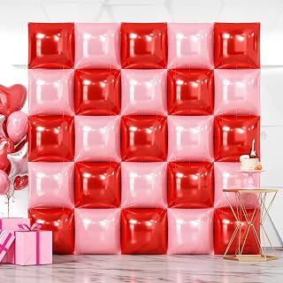 NISOCY 25PCS Red and Pearl Pink Square Foil Balloons Wall Backdrop
