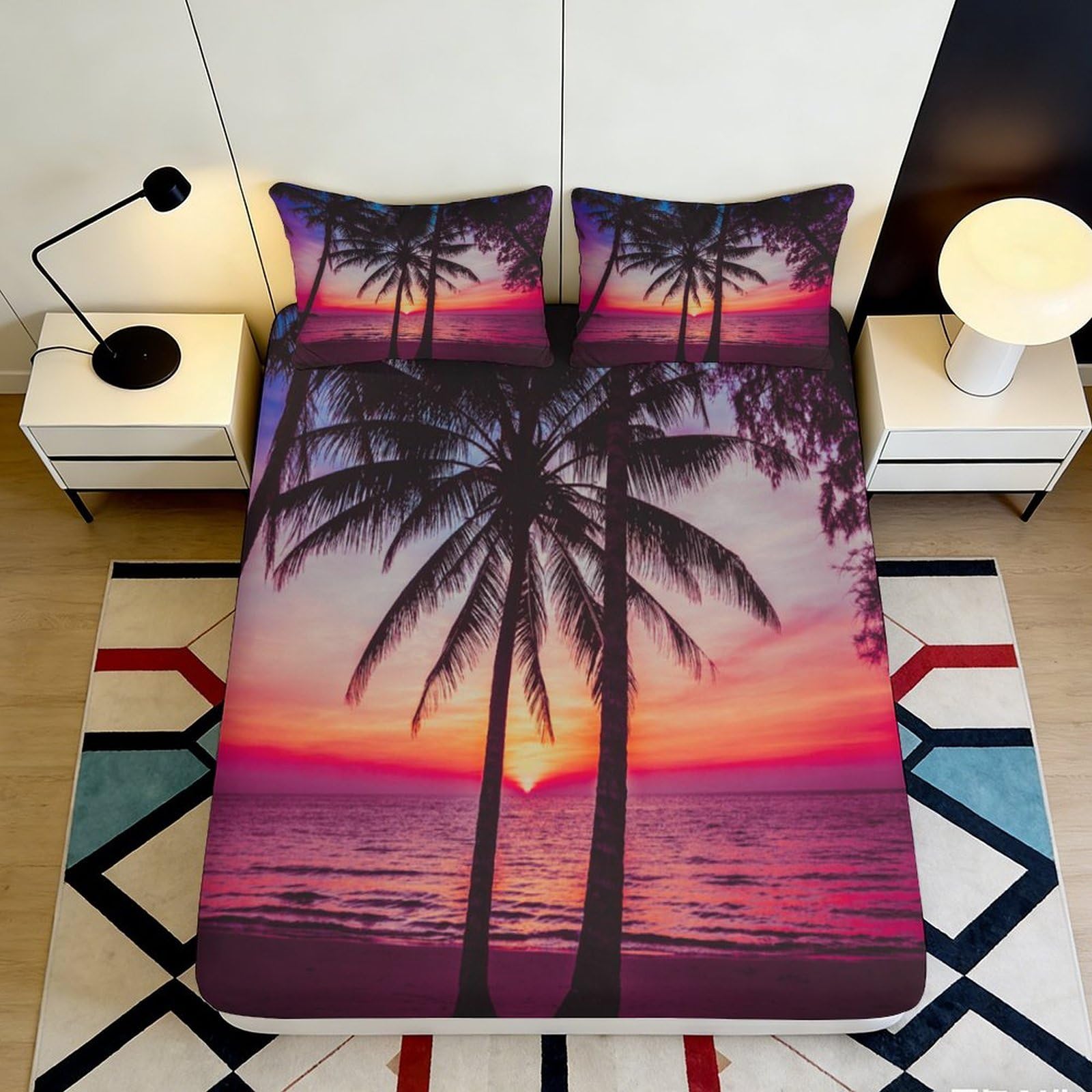 Jqzkxnhpbr Style-4 3D Printed Sunset Beach Fitted Sheet Microfiber Palm Tree Mattress Cover Anti-Slip Washable Decor For Bedroom Guestroom 90X200x25cm