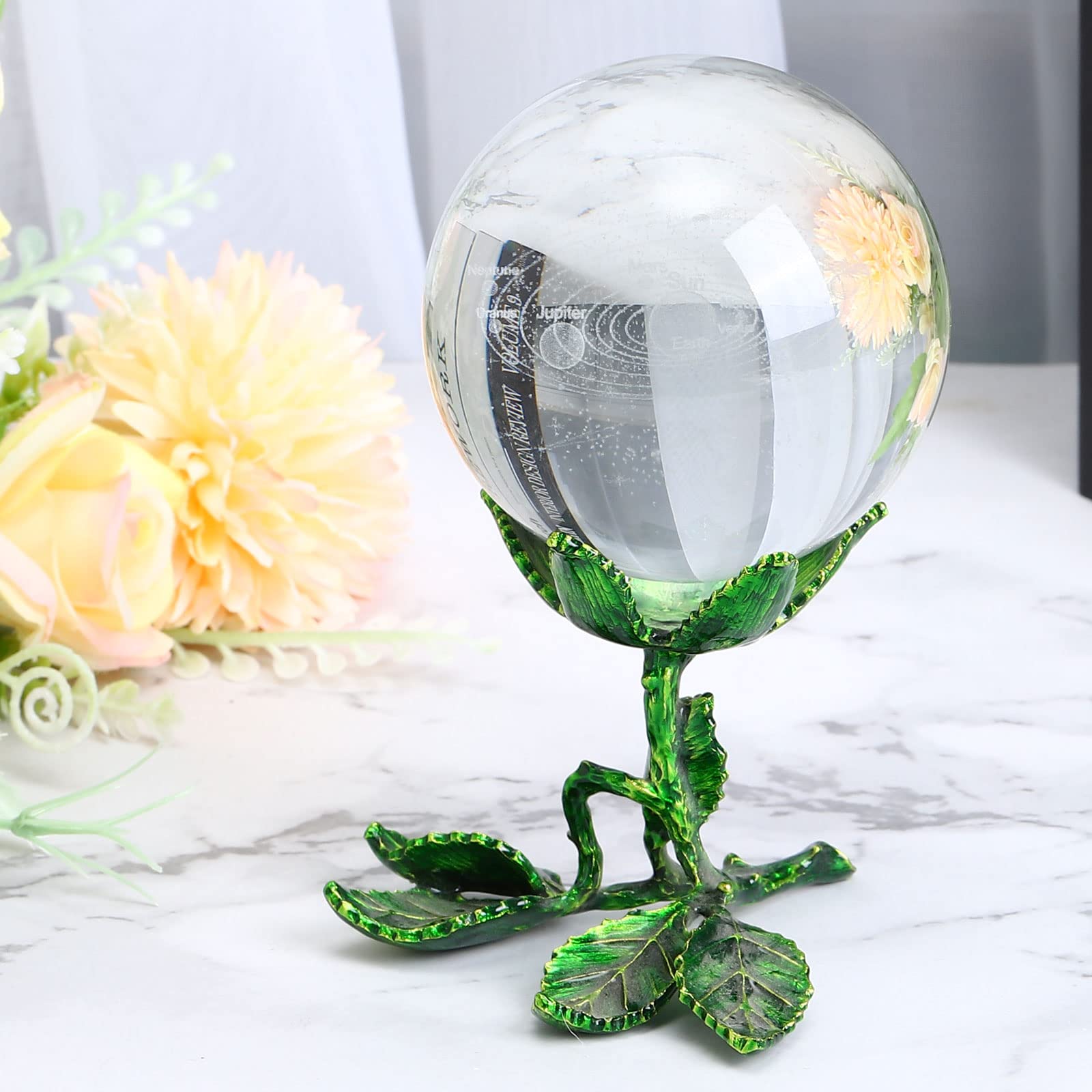 Support Boule Cristal Fleur Rose - Présentoir Sphère Minéral Doré Antique 8x8x6 Cm - 3