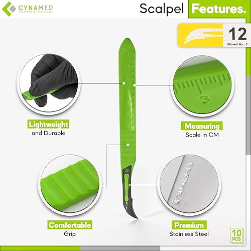 Vista 9 de Cynamed - Bisturí desechable con asas graduadas, cuchillas de acero inoxidable quirúrgico, estéril, bolsas fáciles de quitar (caja de 10), ideal