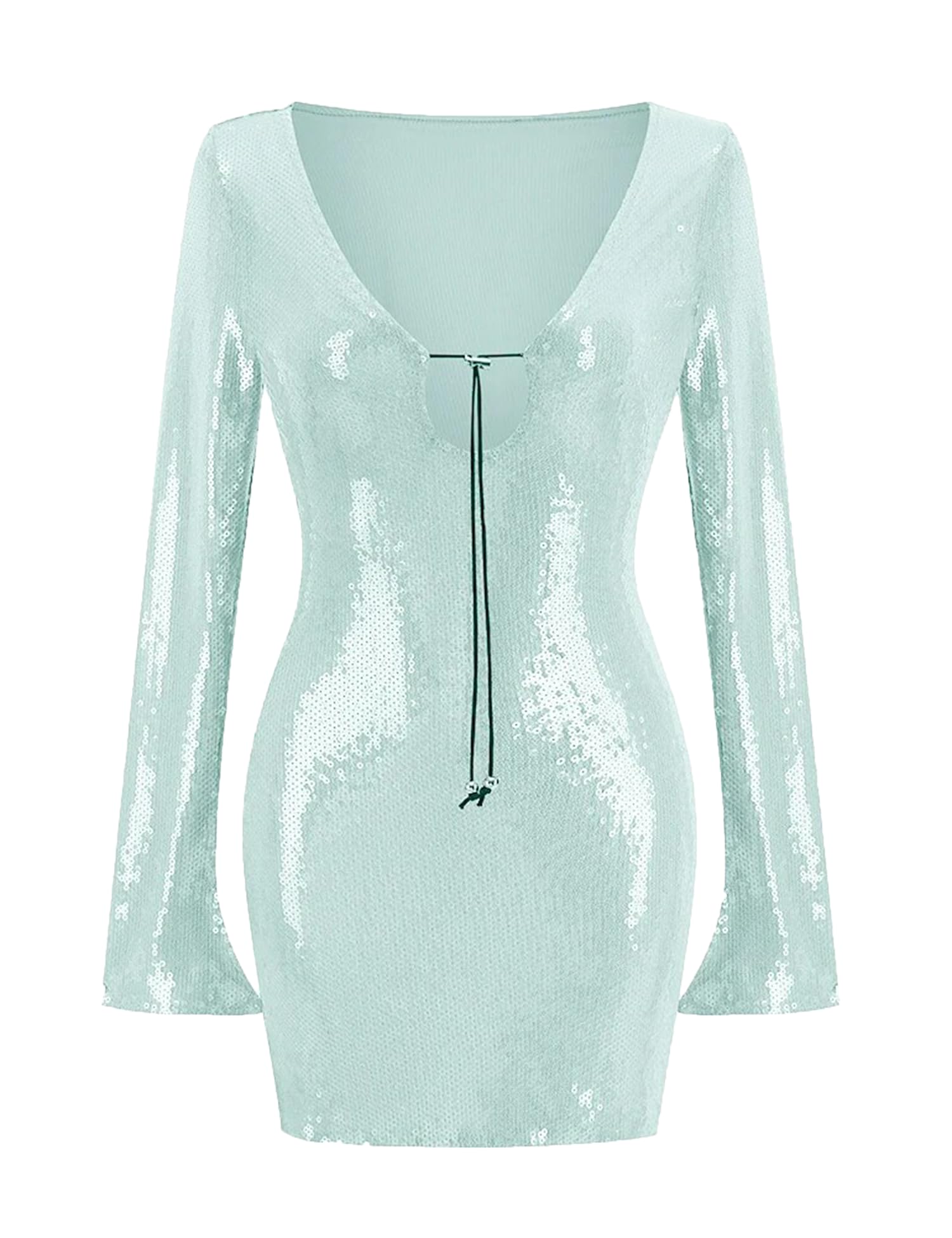meilun Deep V Dress Sequin Dresses with Drawstring Long Sleeve Evening Dress for Women Short Gown