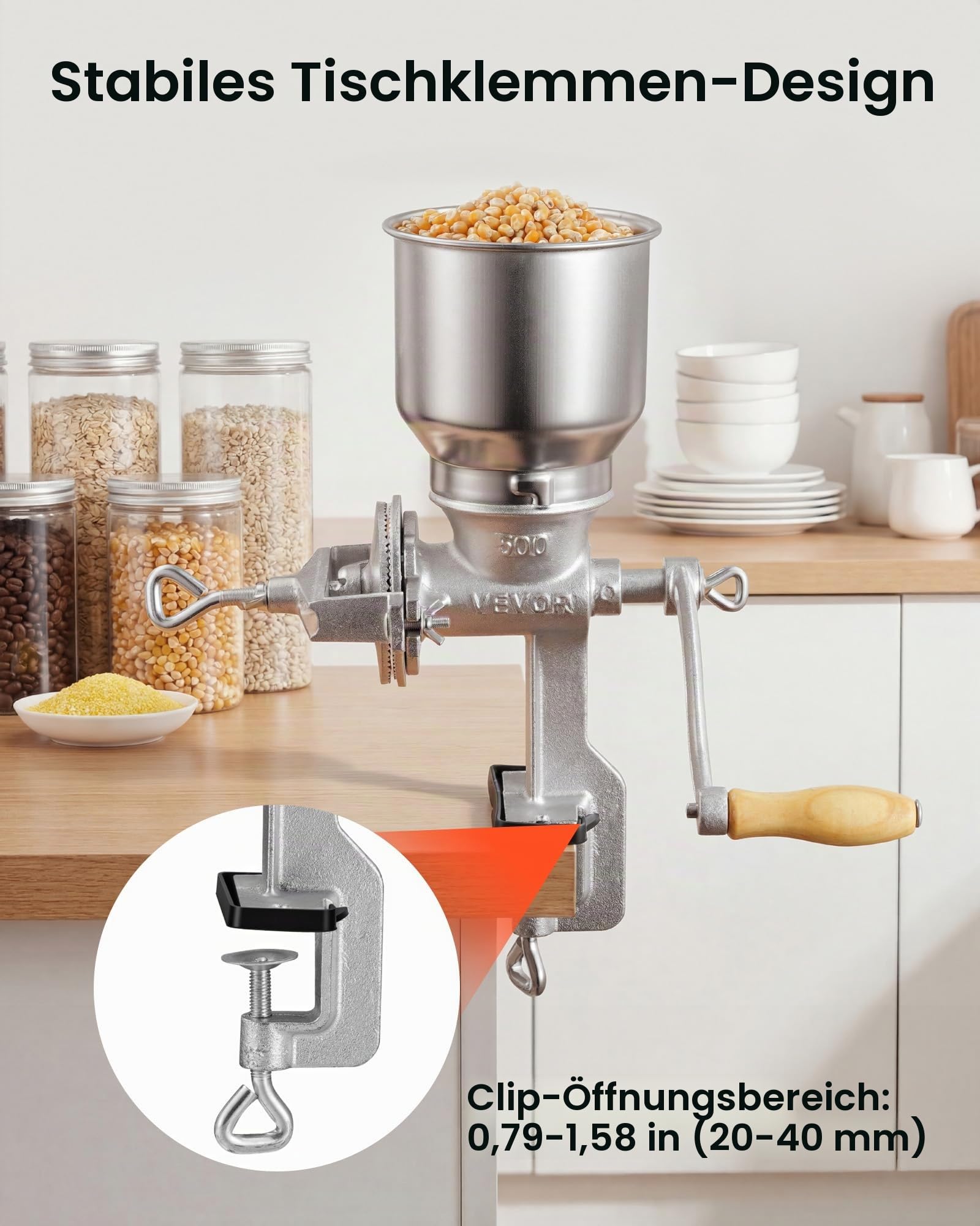 VEVOR Getreidemühle Manuell aus Gusseisen, Handkurbel Kornmühle mit Hohem Trichter & Stabiler Tischklemme, Malzmühle Kaffeemühle Gewürzmühle für Kaffeebohnen Gewürze Weizen Mais Nüsse, Küchenhelfer
