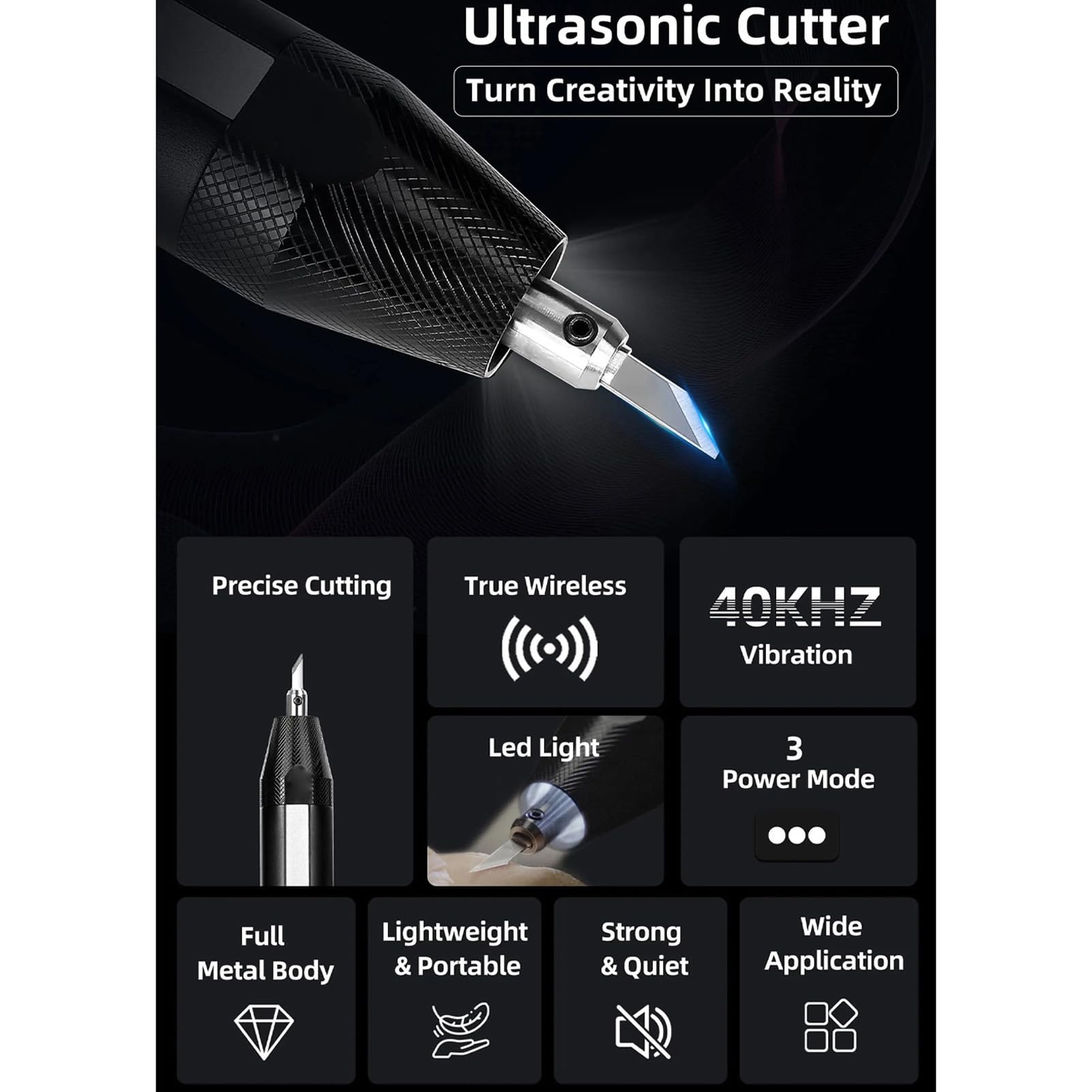 Fafeicy Cutter Ad Ultrasuoni 40kHz con Luce LED 3 Modalità di Potenza 24pcs TIPS per Legno Pelle PVC Stampato 3D
