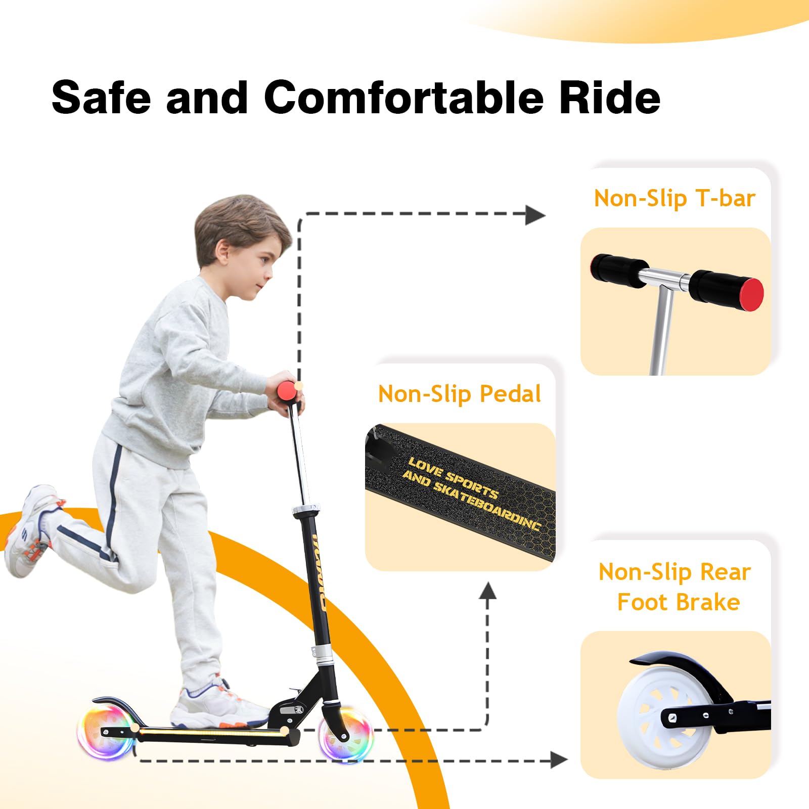 YEE RUN Monopattino Bambino, Con Luci LED Fresco, Pieghevole, Freno ruota posteriore, 3 Altezza Regolabile, Monopattino Bambini da 3-12 anni, 4 Pollici Grandi Ruote per - 50KG Max.