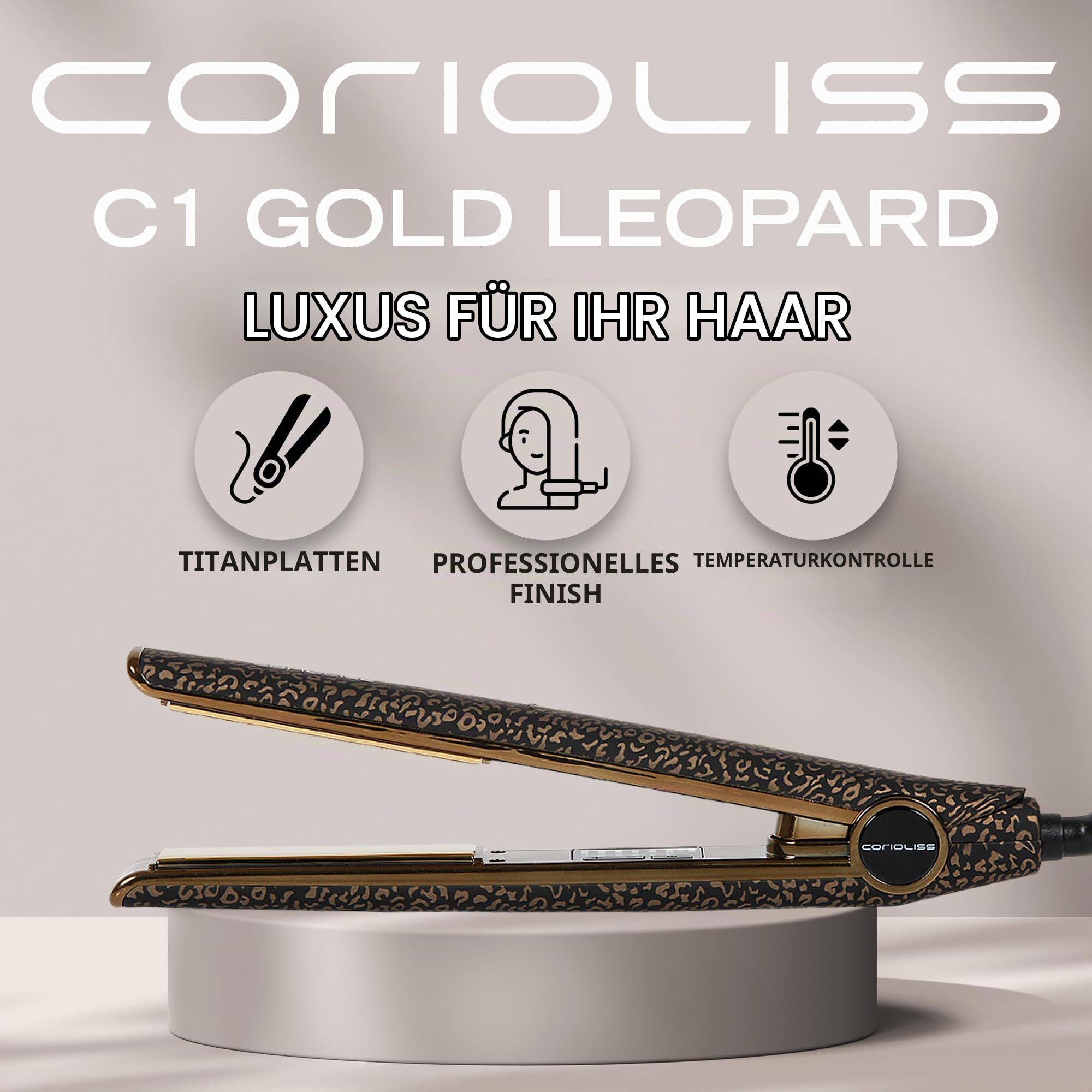 Corioliss C1 | Glätteisen | Haarglätter für Frauen | Titanplatten und Curling für feines Haar | Professionelles Eisen mit Temperaturregelung (Leopard Gold Soft Touch)