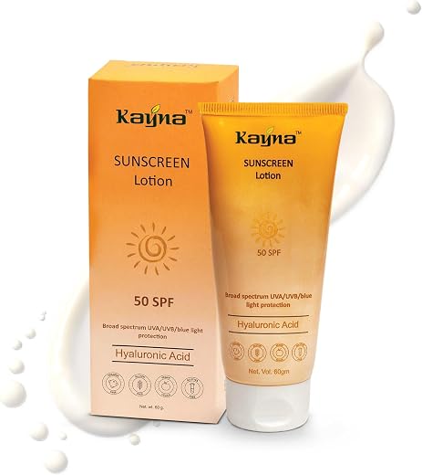 KAYNA HEALTHCARE Sunscreen Lotion 50 SPF | Broad Spectrum UVA/UVB &amp; Blue Light Protection | With Hyaluronic Acid | Ayurved...