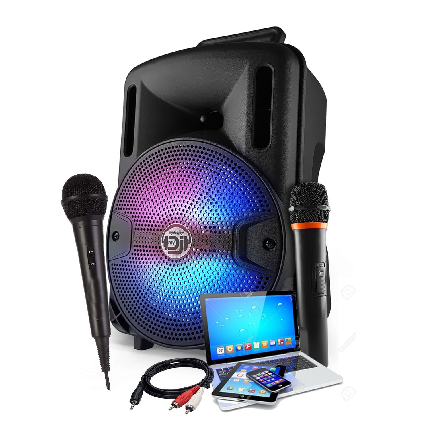 Karaoke - Altoparlante per bambini, 400 W, con batteria portatile con LED USB/SD/Bluetooth, 2 microfoni, cavo PC per smartphone, tablet