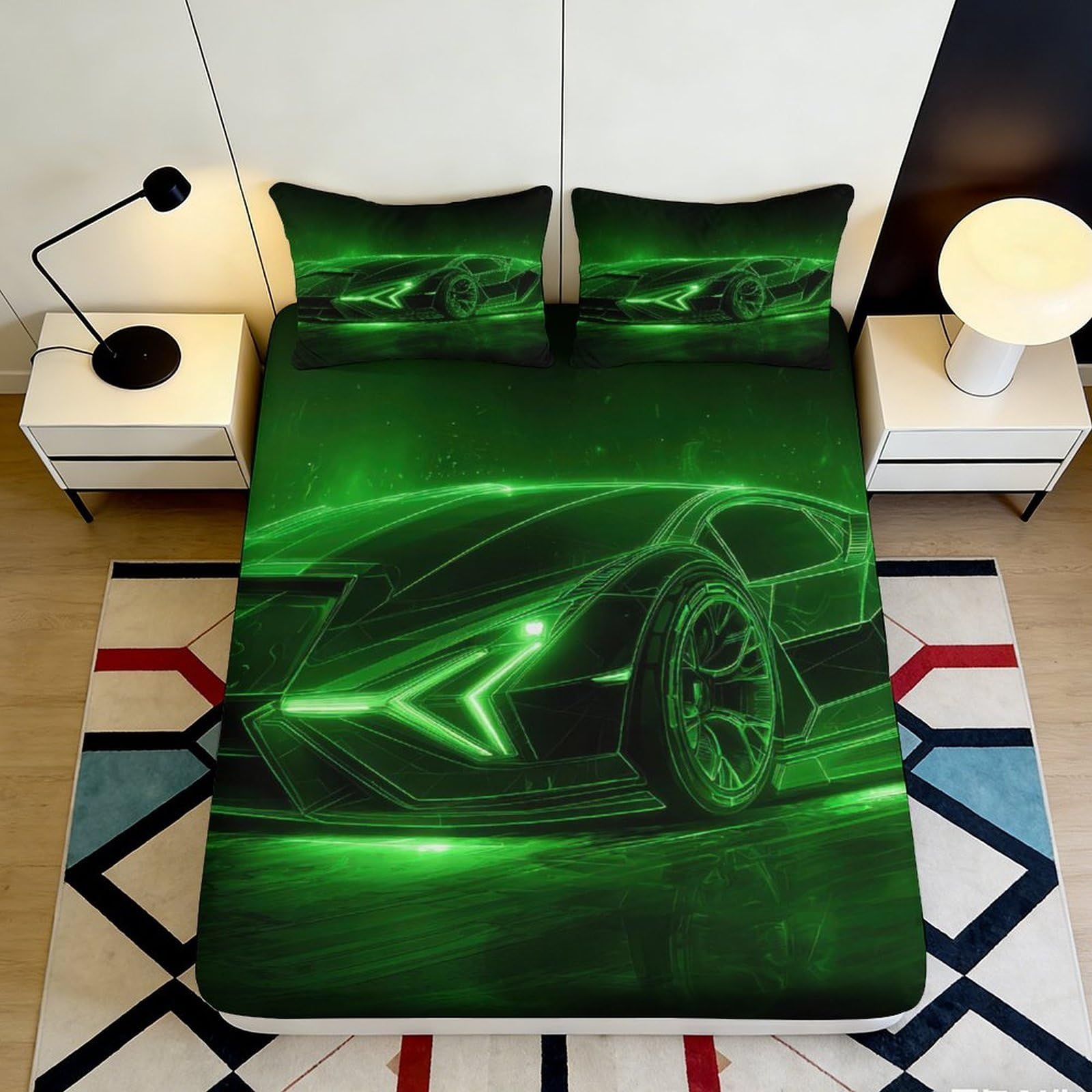 Pnayamiorkfel Style-8 3D Printed Neon Sports Car Fitted Sheet Microfiber Soft Bed Cover Green Futuristic Vehicle Decor Bedroom Mattress Protection 90X200x25cm