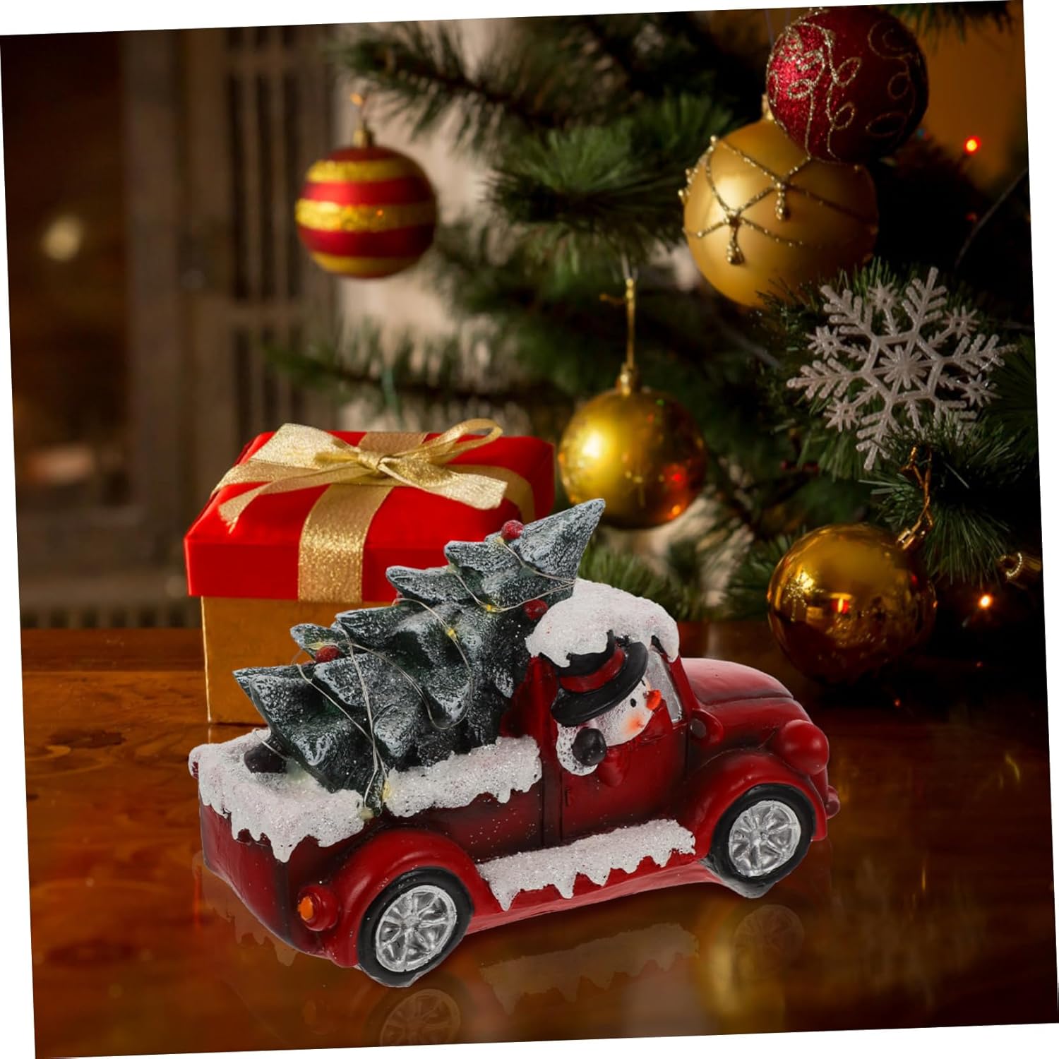 ABOOFAN Xmas Red Truck Decoration with Led Light Resin Christmas Desktop Ornament for Holiday Decor Festive Xmas Car Sculpture for Indoor and Outdoor Christmas Scenes