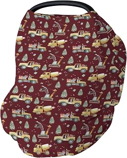 Red Christmas Construction Trucks Baby Car Seat Covers Dump Trucks Excavators Animals Gifts Stretchy 5-in-1 Cover Adjustable Infant Carseat Canopy Cover Winter Holiday Breathable Nursing Cover-Up