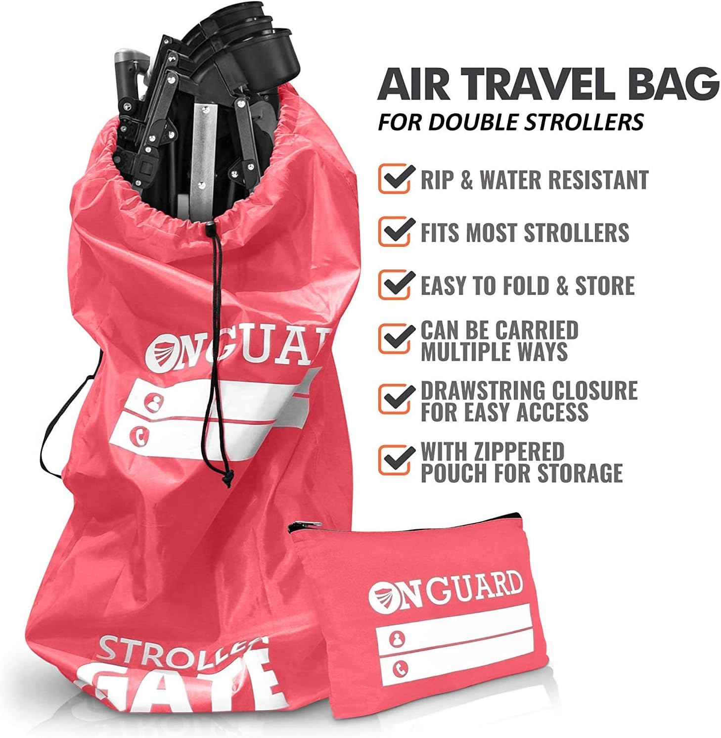 ONGUARD Double Stroller Bag For Airplane | Stroller Cover | Gate Check Stroller Bag | Baby Airplane Travel Accessories | Waterproof Rip Resistant Polyester Compact Backpack | Red