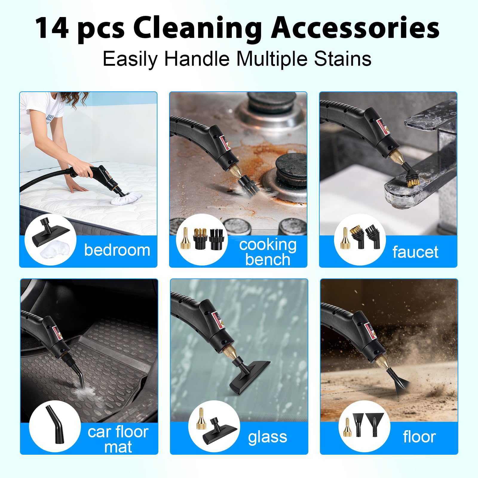 Nettoyeur Vapeur Portatif 1500W, Nettoyage Haut avec 14 Accessoires, 3bar, 15s, 1400ml Steam Cleaner
