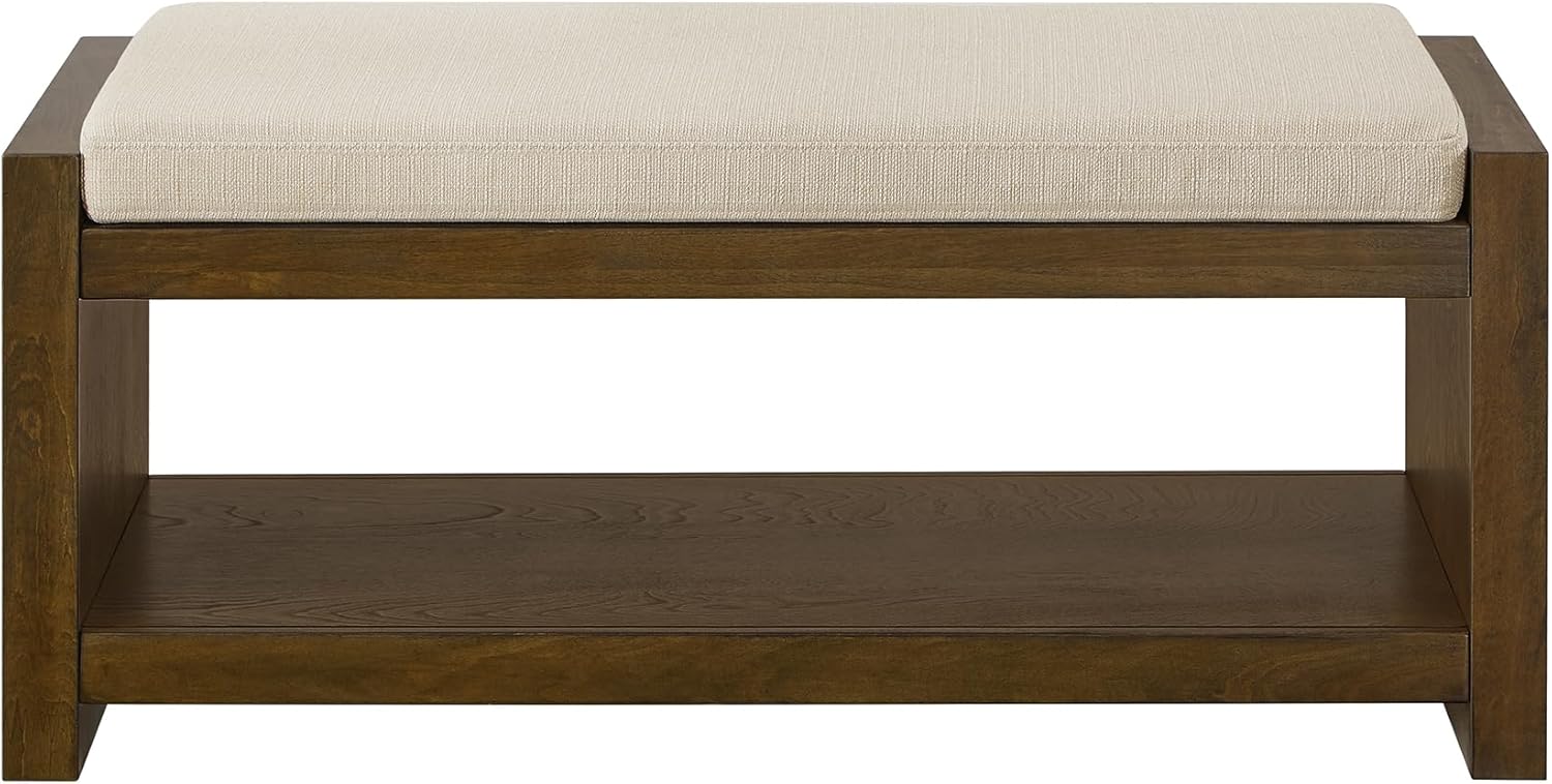 KEIKI Shoe Storage Bench, 2-Tier Farmhouse Entryway Benches with Removable Cushion, Wooden Upholstered End of Bed Seat for Bedroom,Living Room,Hallway,Front Door Entrance, Foyer, 40 Inch Ivory