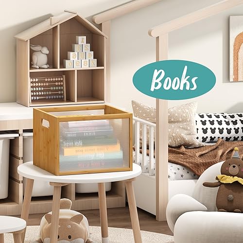 Miniatura 6 de Caja de almacenamiento de discos de vinilo, almacenamiento de madera de bambú, estante de exhibición de álbumes de revistas, elegante organizador