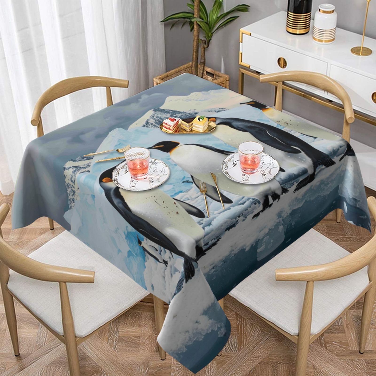 WPKJU Penguins on The Iceberg Printed Square Tablecloth 60x60 inch Water Resistant Table Cover Washable Rectangle Table Cloth for Dining Tables