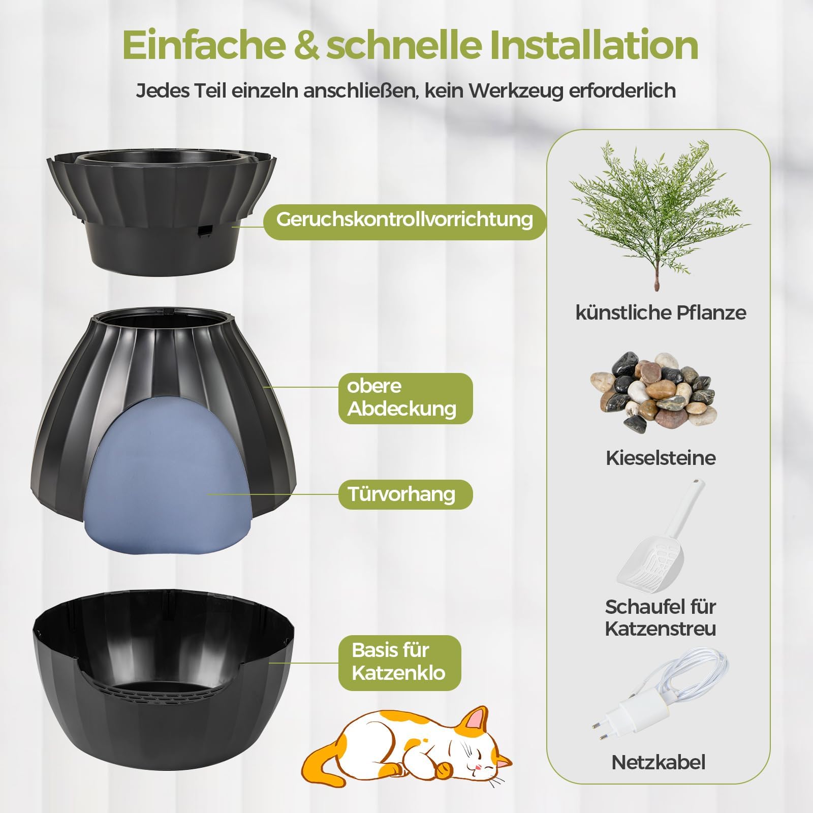FANTASK Caja de Arena para Gatos, 50 x 50 x 59 cm, con Sistema electrónico de eliminación de olores, Estilo Maceta con Planta Artificial y guijarros, Caja de Arena Negra