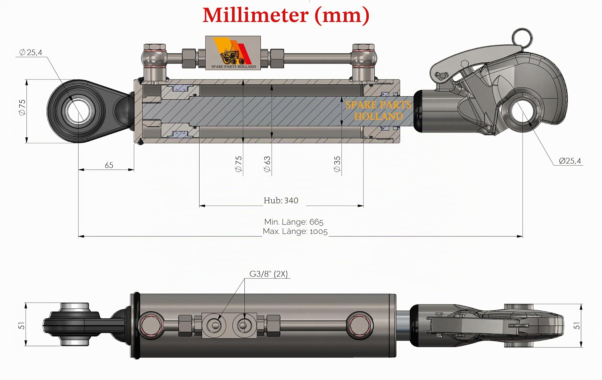Hydraulische Oberlenker Mit Fanghaken Kat. 2+2 | 665–1005 mm |+ 2x Hyd.Schläuche