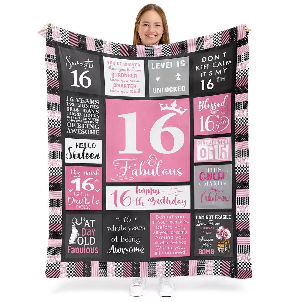 SOLZEVANAS 16th Birthday Gifts for Girls -Sweet 16 Birthday Decorations 60"x50" Blanket -Gifts for 16 Year Old Girl -Presents for Daughter Bestie Sister - 16th Birthday Gift Ideas -Sweet 16 Bday Decor