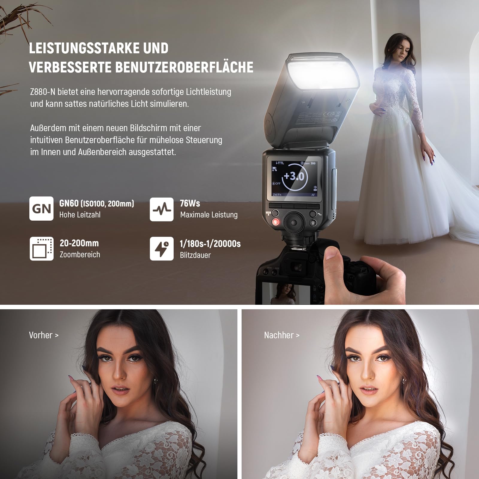 NEEWER Z880-N Blitz Speedlite 2,4G i-TTL Flash Kamerablitz für Nikon, Upgraded UI, Modellierlampe, TTL/M Schnellschalter TCM Taste, 76W Speedlight 1/8000s HSS 7,4V/2600mAh Akku 480 Vollleistungs Blitz