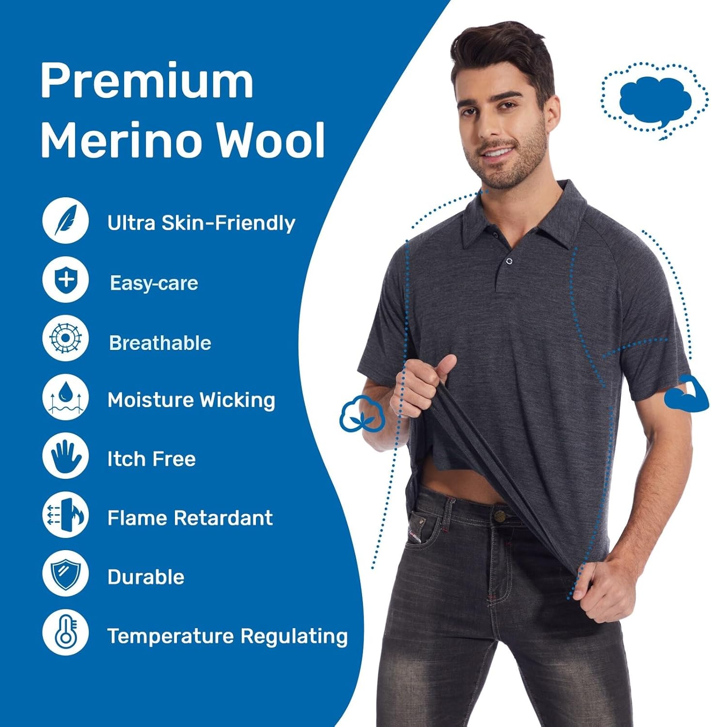 MERINNOVATION Merino Wool Polo Shirt Men - 100% Merino Wool Shirts for Men Anti-Odor Short Sleeve Wicking Base Layer Polo - Image 3