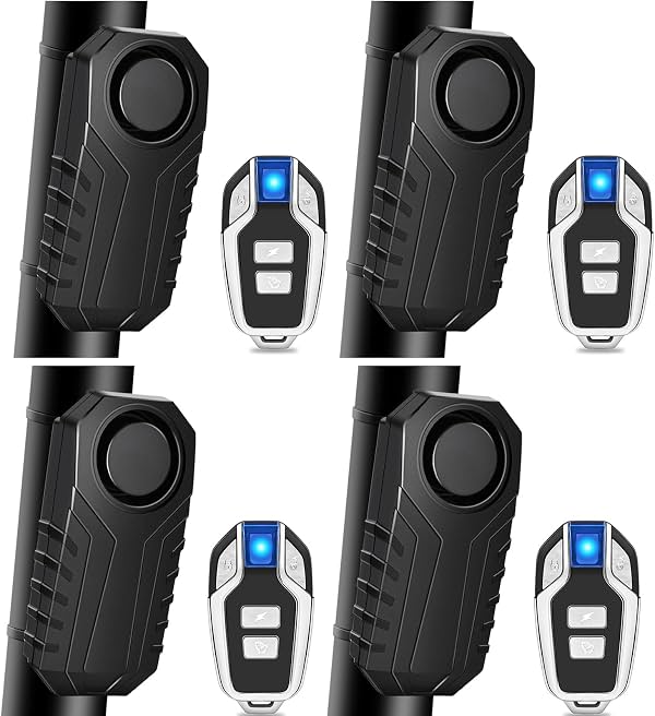 Alarma para bicicleta con control remoto, alarma inalámbrica para bicicleta, alarma fuerte de 113dB para bicicletas eléctricas, motocicletas, scooters, autos, remolques, equipaje, seguridad para ciclismo al aire libre, resistente al agua IP65, 4 piezas