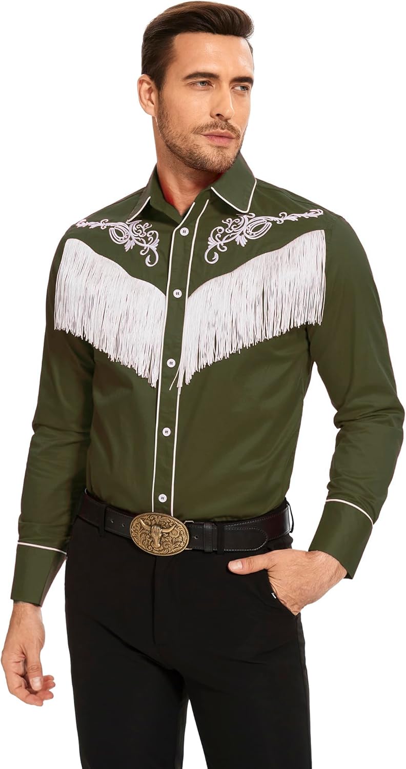 CORSKI Men's Cowboy Costume Western Long Sleeve Casual Fringe Hippie Slim Fit Button Down Shirt - Image 4