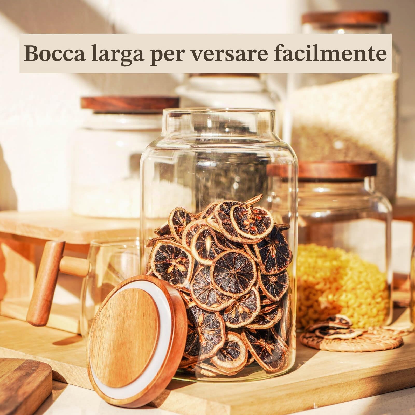 Labina Barattoli in vetro con coperchio in legno, contenitori in vetro a collo largo con coperchio, ermetici con coperchio per zucchero, biscotti, spaghetti, noci e caramelle, 2 x 2600 ml