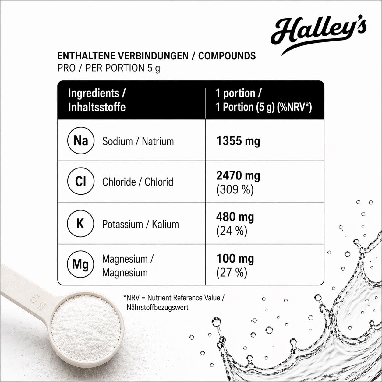 Halley’s Elektrolyte ohne zucker und süßstoff, Elektrolyte pulver 1kg | Elektrolyt Pulver mit Natrium, Kalium & Magnesium (200 Portionen), Elektrolyte ohne Zucker, Süßstoffe & Aromen - für Fasten.
