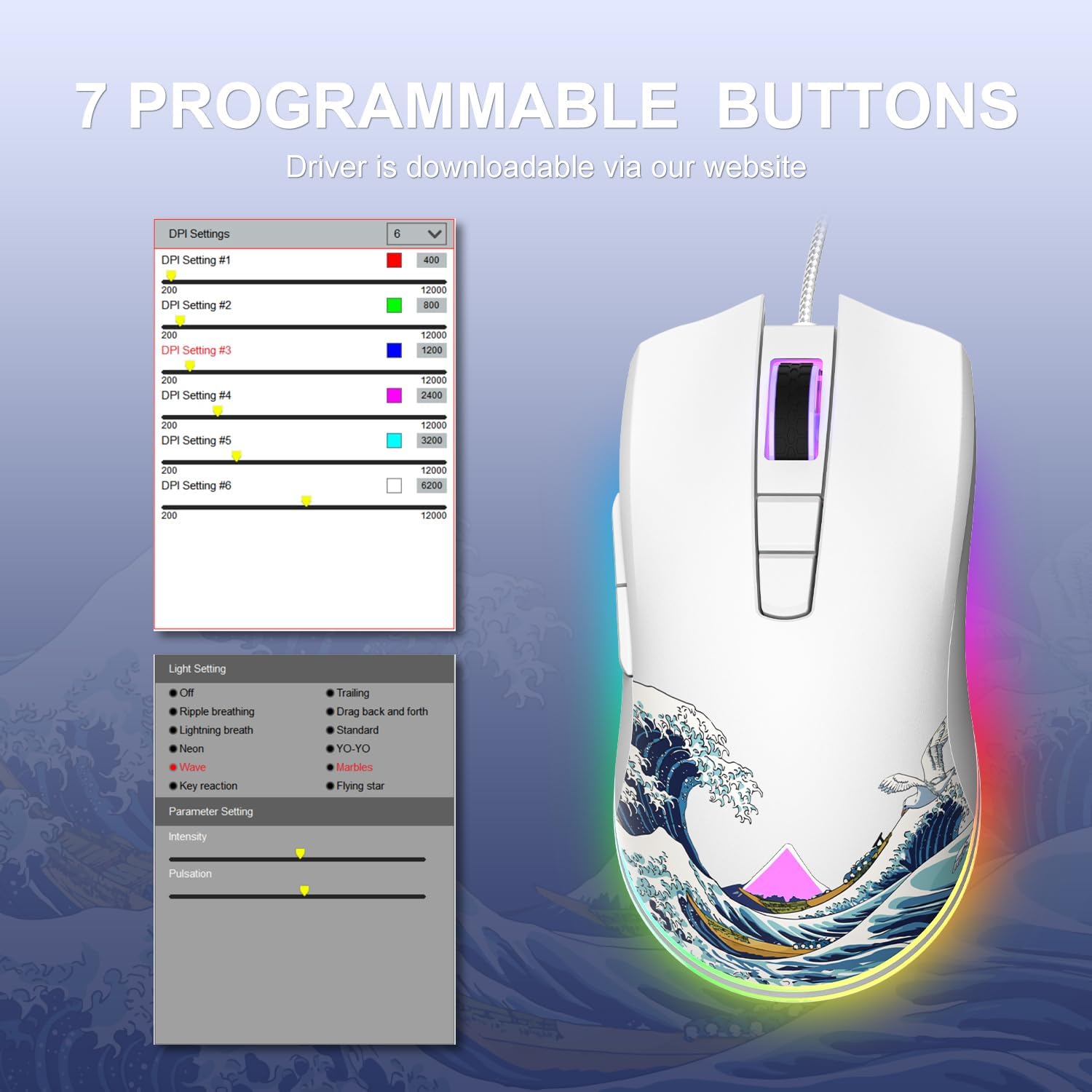 COSTOM Womier G705 USB Wired Gaming Mouse for PC Computer Windows Mac Laptop, Lightweight Silent RGB Backlit Mouse with Adjustable 12000DPI/7 Programmable Side Buttons,White Kanagawa Theme