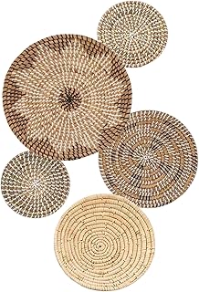 Eioflia Woven Wall Basket, Set of 5, Different Size Hanging Woven Basket Decor Round Flat Seagrass Woven Basket Wall Art for Home Wall Decorations, Wall Sculptures