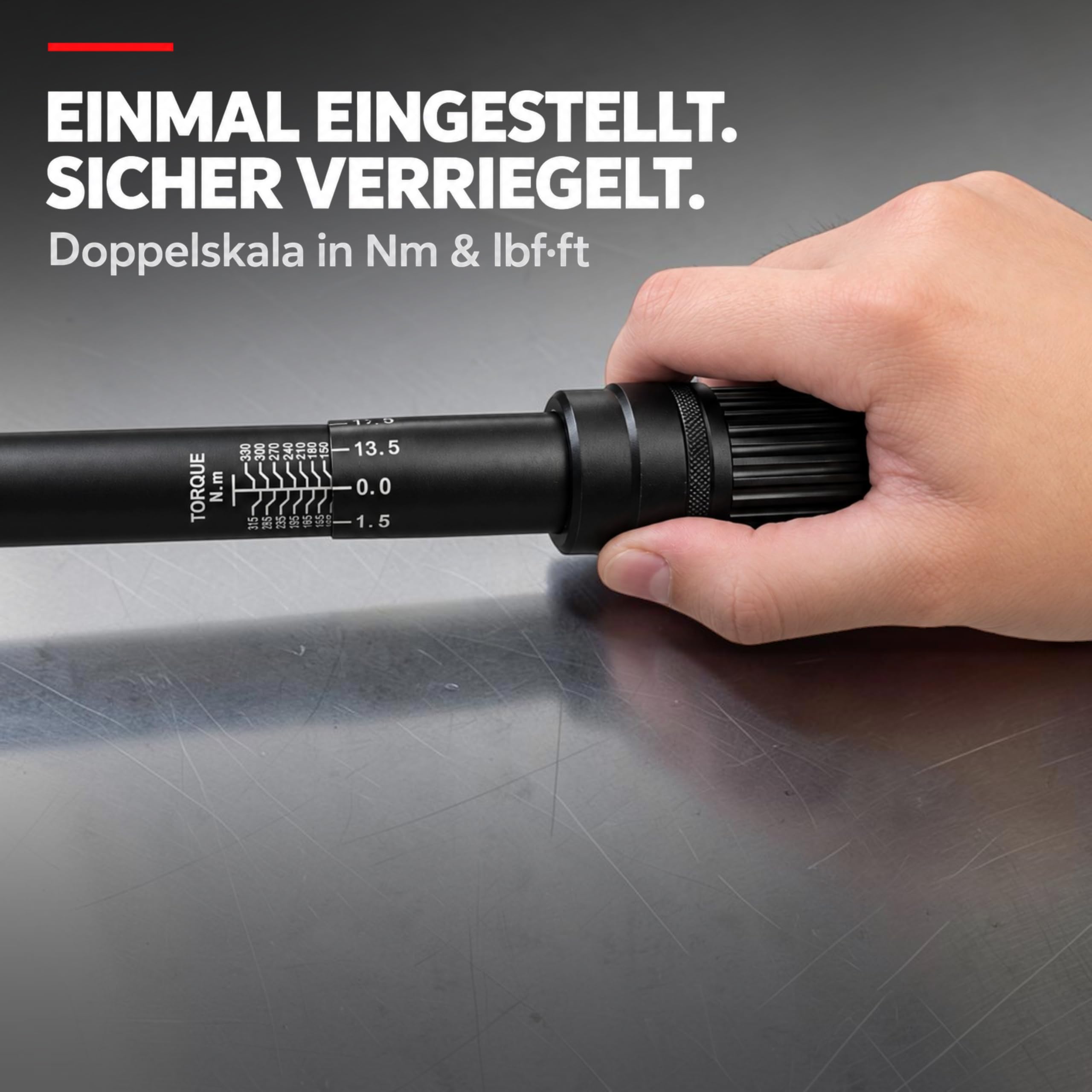 Drehmomentschlüssel 1/2 Zoll 60–330 Nm Vollmetall, ±3% Genauigkeit, 72-Zahn-Ratsche, ISO-6789-Kalibrierzertifikat, 3 Felgenschonnüsse & 125-mm-Verlängerung
