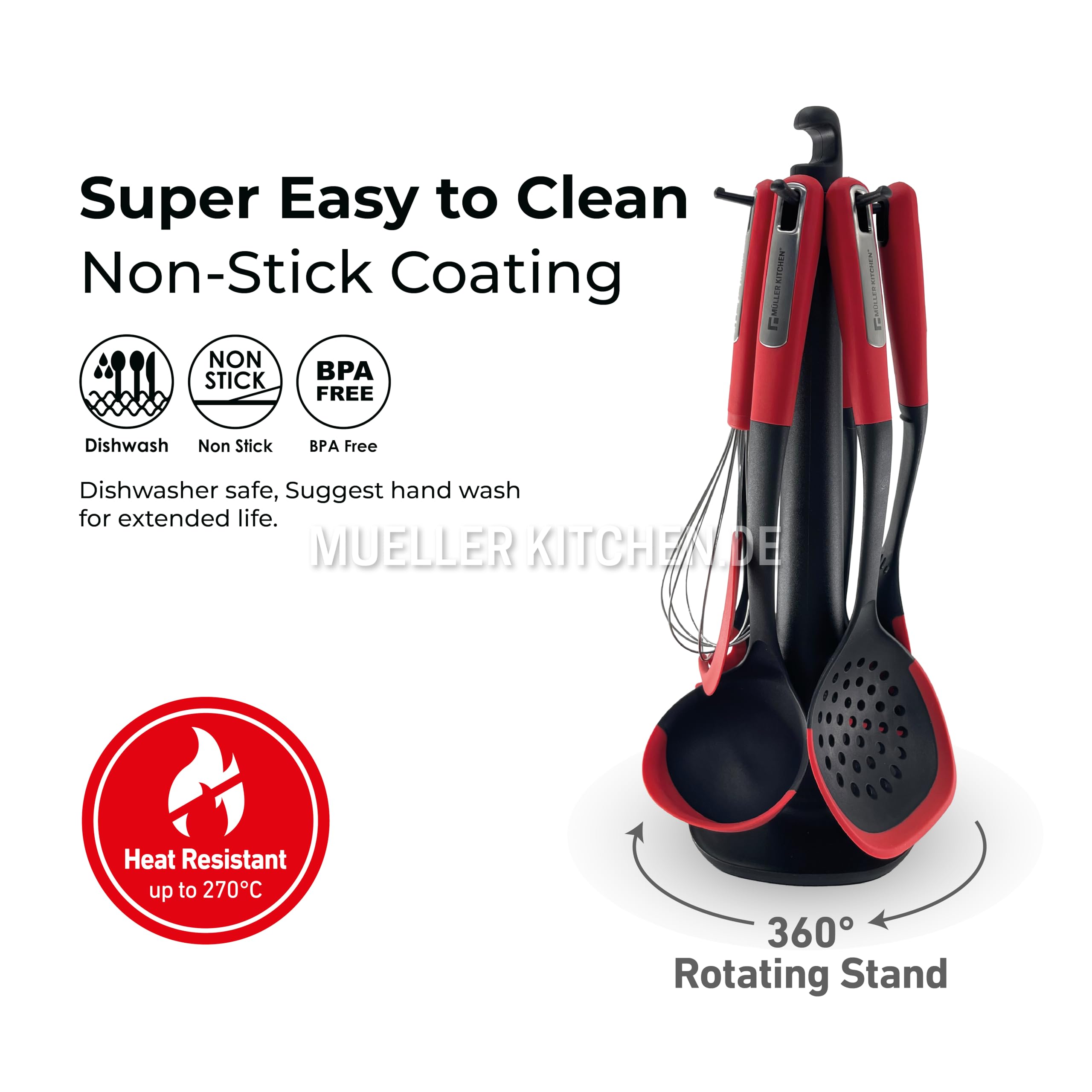 Muller Kitchen MK-1611 7-teiliges Küchenhelfer-Set mit Silikonkanten, 360 Grad drehbarer Ständer, ergonomische Griffe aus Gummi und Edelstahl, für antihaftbeschichtetes Kochgeschirr