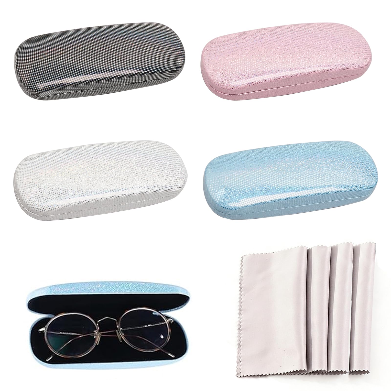 Hiuyavy 4 Pcs Glasses Cases for Women, Girls Hard Shell Glasses Case, Fashion Clamshell Eyeglasses Case, Spectacle Protective Eyeglasses Case with 4 Cleaning Cloth (162 * 60 * 36MM)