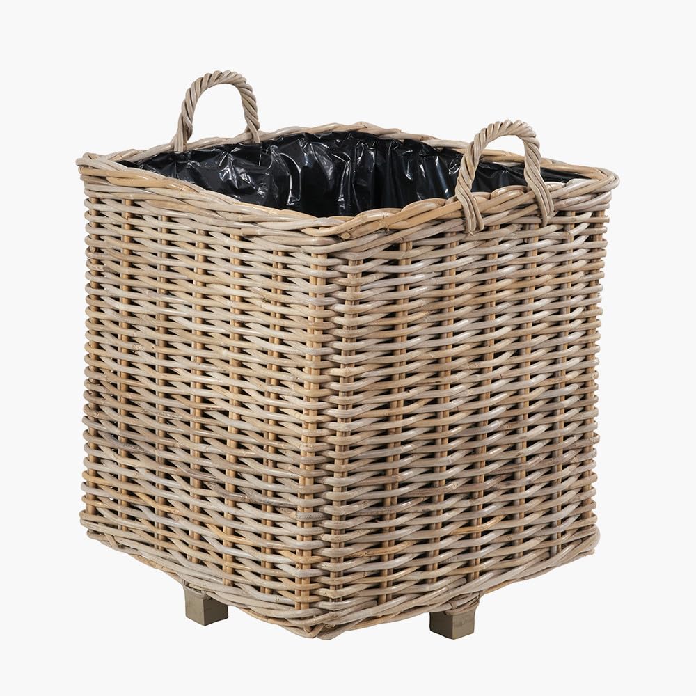 Bliss and Bloom Square Wicker Planter Lined Basket Grey & Buff Kubu Rattan Garden Flower Pots (Large)
