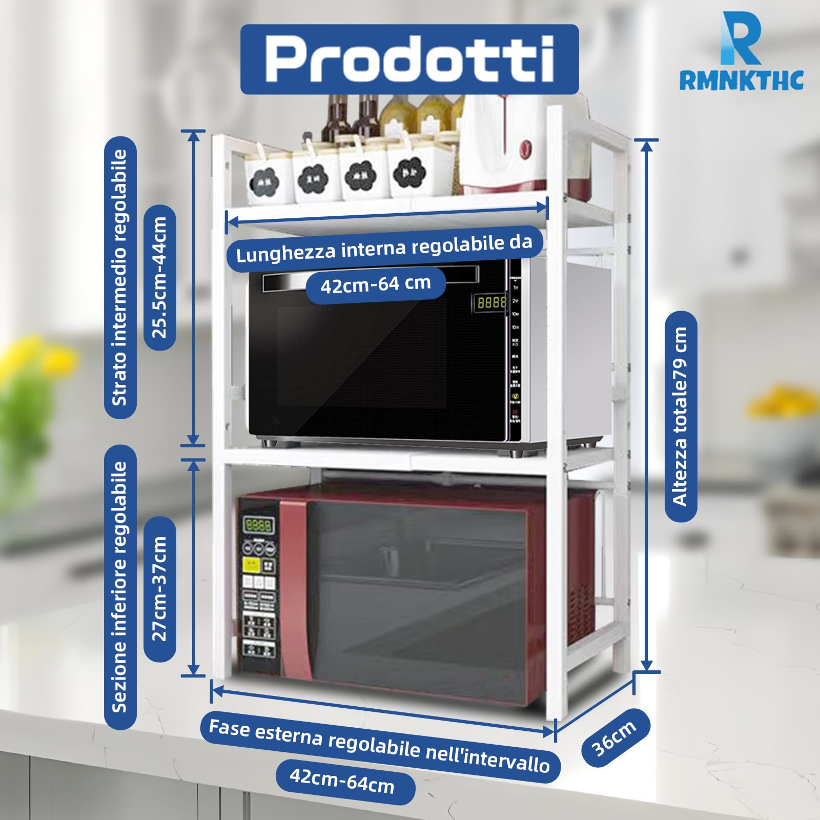 Scaffale per microonde regolabile in 2 livelli, 42-64 cm, portata 75 kg, in acciaio inox, regolabile in altezza, con ganci (bianco)