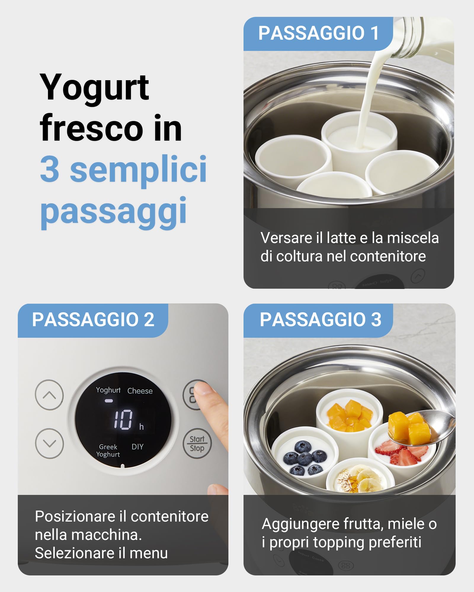 Bear Yogurtiera e casara per formaggio fresco, inclusi 4 tazze porzionate in ceramica da 125 ml, 2 contenitori in vetro XXL da 1 litro e 4 programmi preimpostati per yogurt greco e formaggio