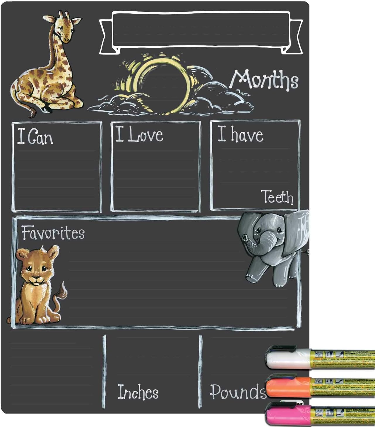 Cohas Monthly Milestone Board for Baby with Safari Theme, Reusable Chalkboard Style Surface, and Liquid Chalk Markers, 12 by 16 Inches, 3 Bright Markers