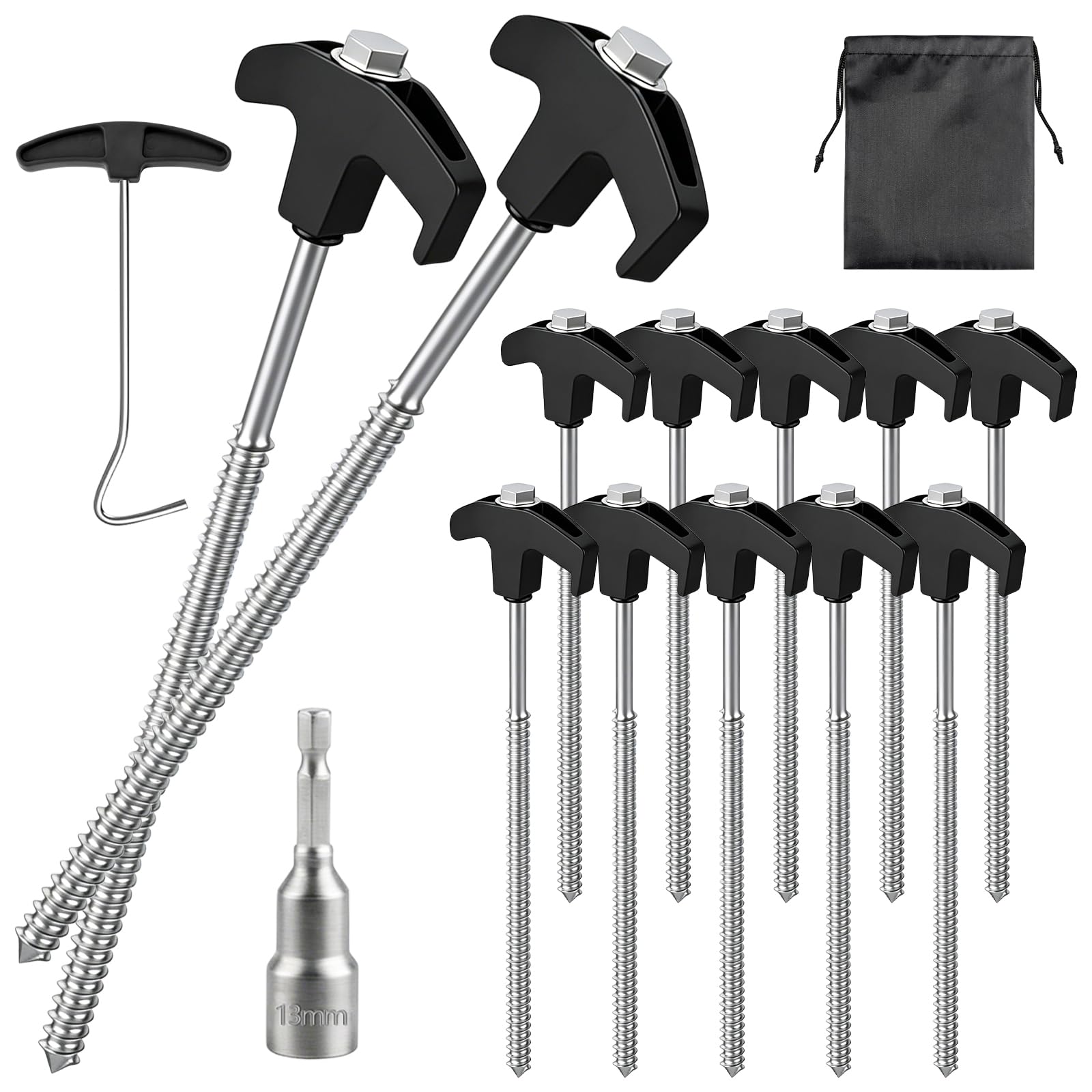 12 Pack Heavy Duty Tent Pegs, 8.07in Camping Rock Pegs, Ground Anchors with Thread, Includes Drill Adapter & Nail Puller & Drawstring Bag, Ideal for Camping, Rock, Beach (Black)