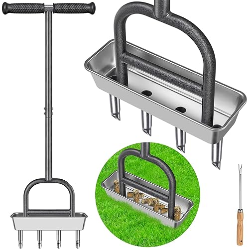 Lawn Coring Aerator Tool, Stainless Steel 4-Core Manual Plug Aerator for Yard & Lawn Aeration, Durable Aeration Tool with Soft Rubber Grip for Compacted Soil & Grass Care