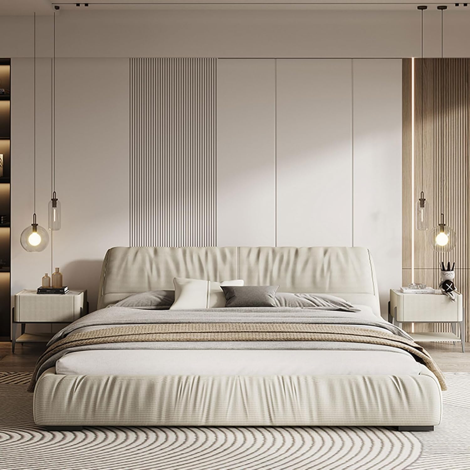 Modern Leather Queen Size Platform Bed Ergonomic Upholstered Headboard with Heavy Duty Wooden Slat Support Noise-Free Beige