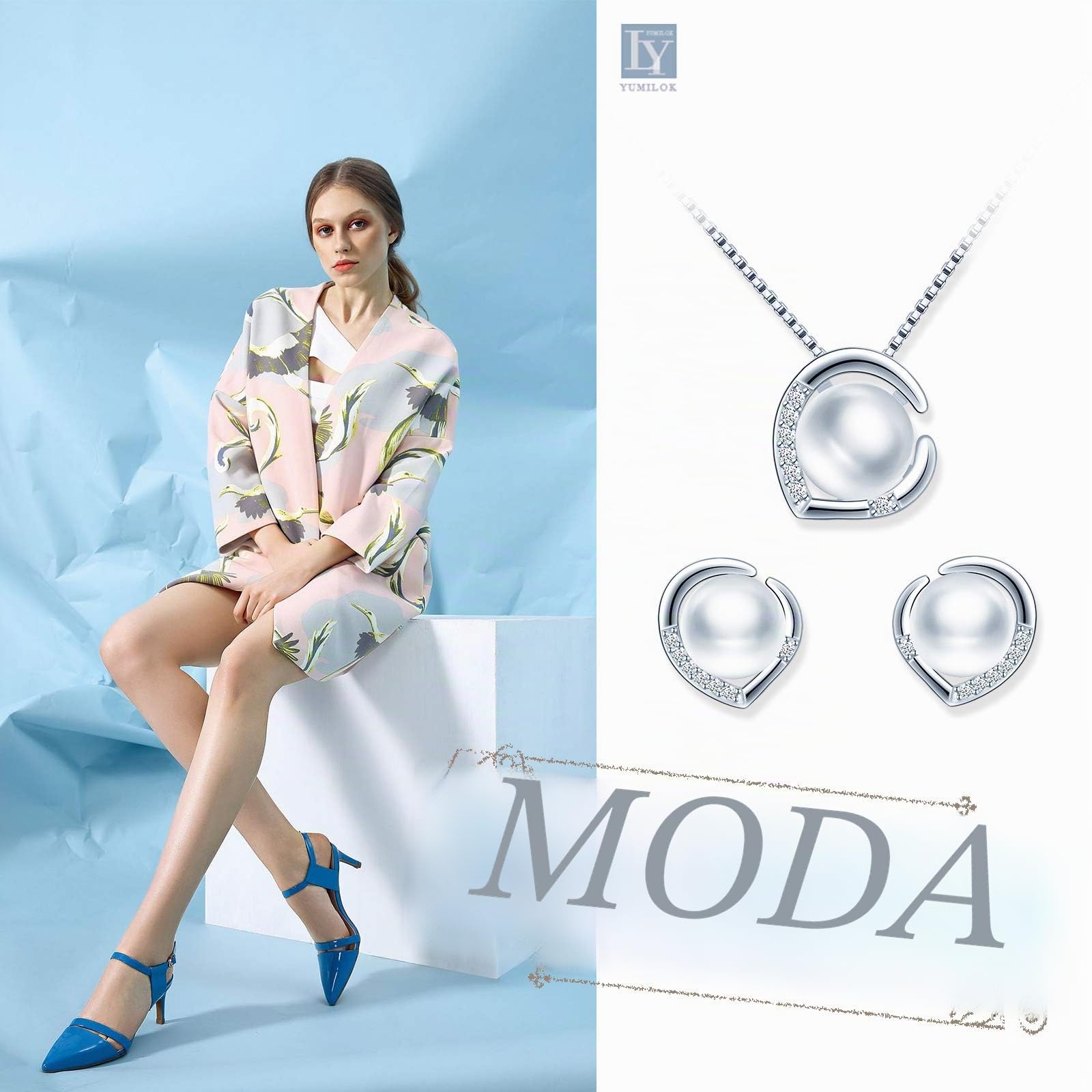 Yumilok Collar de Perlas y Pendientes de Corazón, Plata 925, Mujer, Niña, Pendientes de Perlas circonita con Incrustaciones
