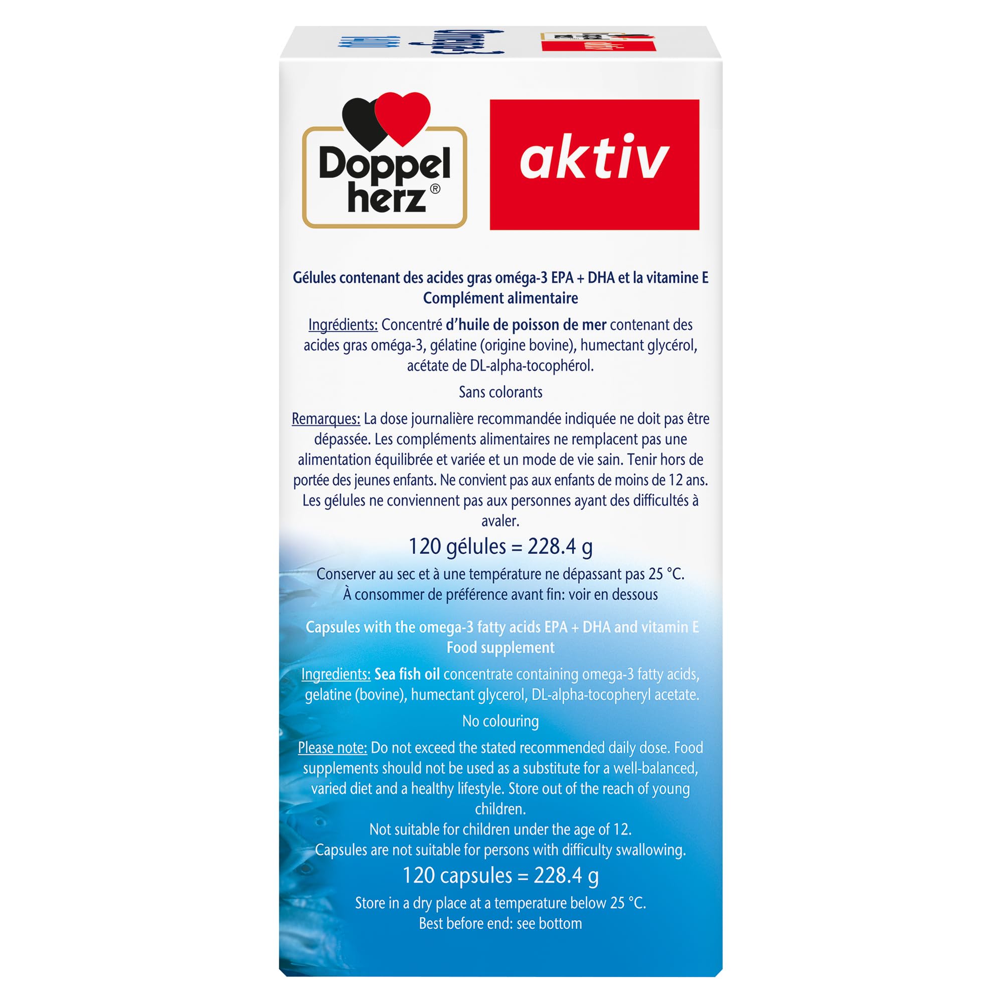 Doppelherz – Omega-3 1400 – Teneur élevée en acides gras Oméga 3 EPA et DHA & vitamine E – Pour la bonne fonction cardiaque – Huile de poisson de mer – 120 gélules