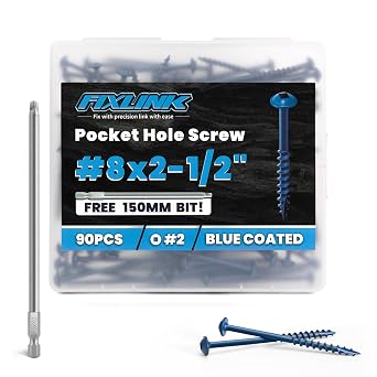 Pocket Hole Screws 2-1/2 Inch, FIXLINK Pocket Screws #8 X 2-1/2", 90 PCS, Above 1000 Hour Salt Spray Blue Coated Pocket Hole Screw for Outdoor, Square Drive, 150MM Drive Bit Included