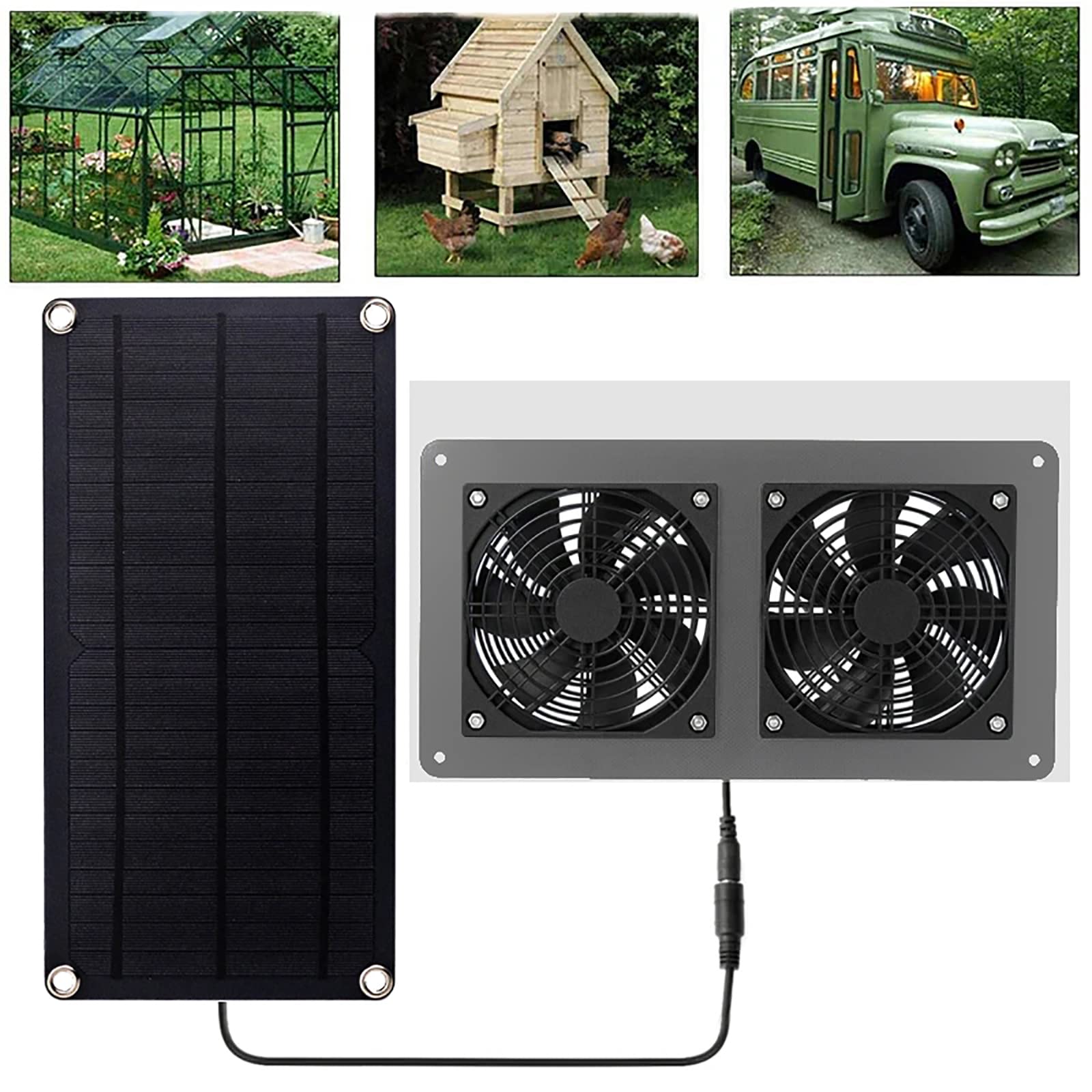 JOSBY Waterproof Solar Panel Powered Fan, 10W Solar Panel + 2 Pcs High Speed ​​DC Brushless Fan, Varible Shutter Exhaust Fan for Small Chicken Coop Greenhouse Shed Dog House Ventilating Cooling