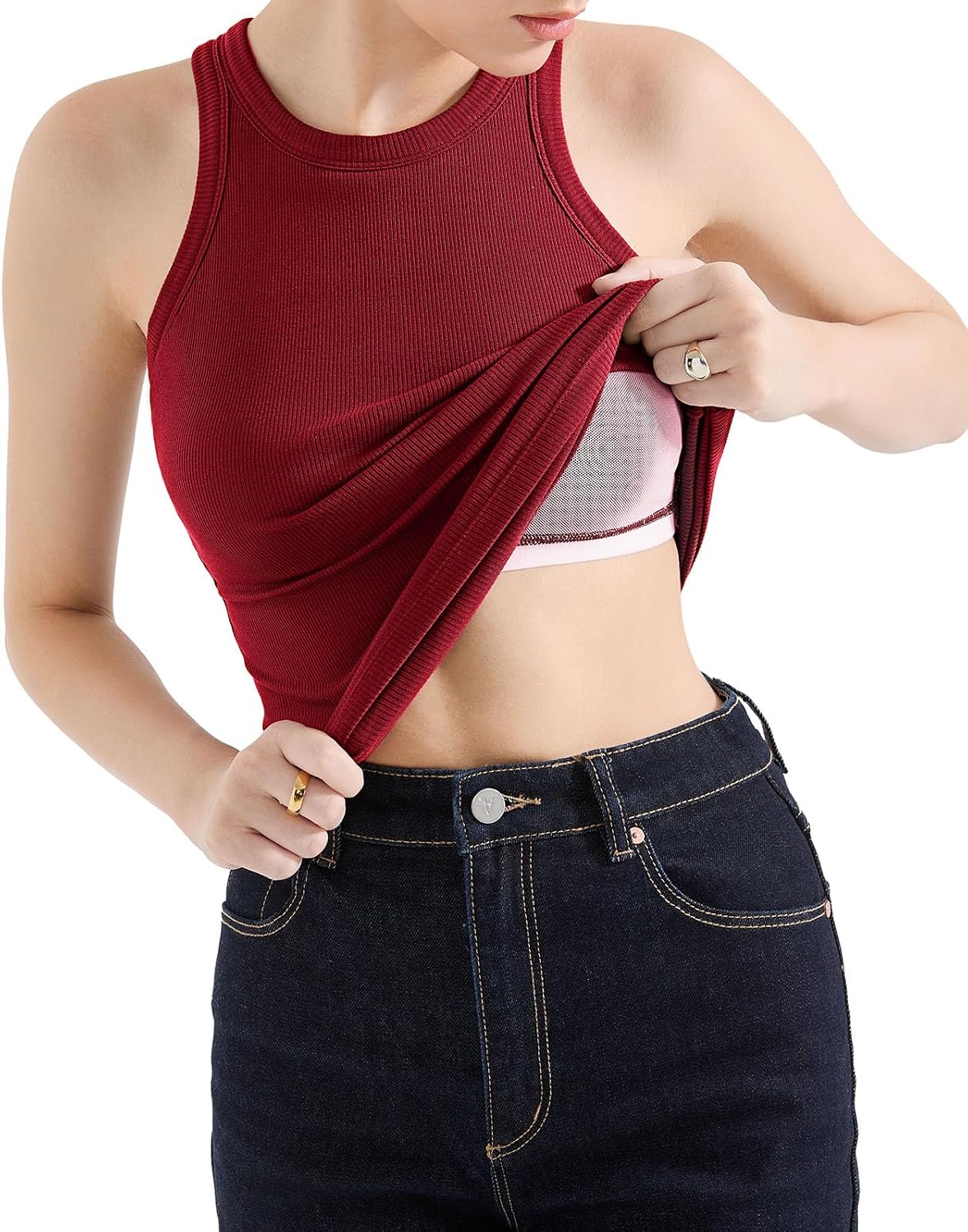  Women Padded Cotton Ribbed Tank Tops High Neck Racerback Basic Tops thumbnail