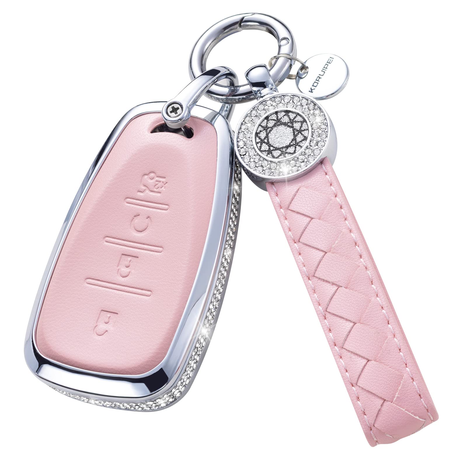 for Chevy Key Fob Cover with Keychain, Pink Leather Crystal Key Case Protection Shell Compatible with Chevrolet Equinox Malibu Cruze Camaro Tahoe Silverado Traverse Blazer Sonic (4 Button)