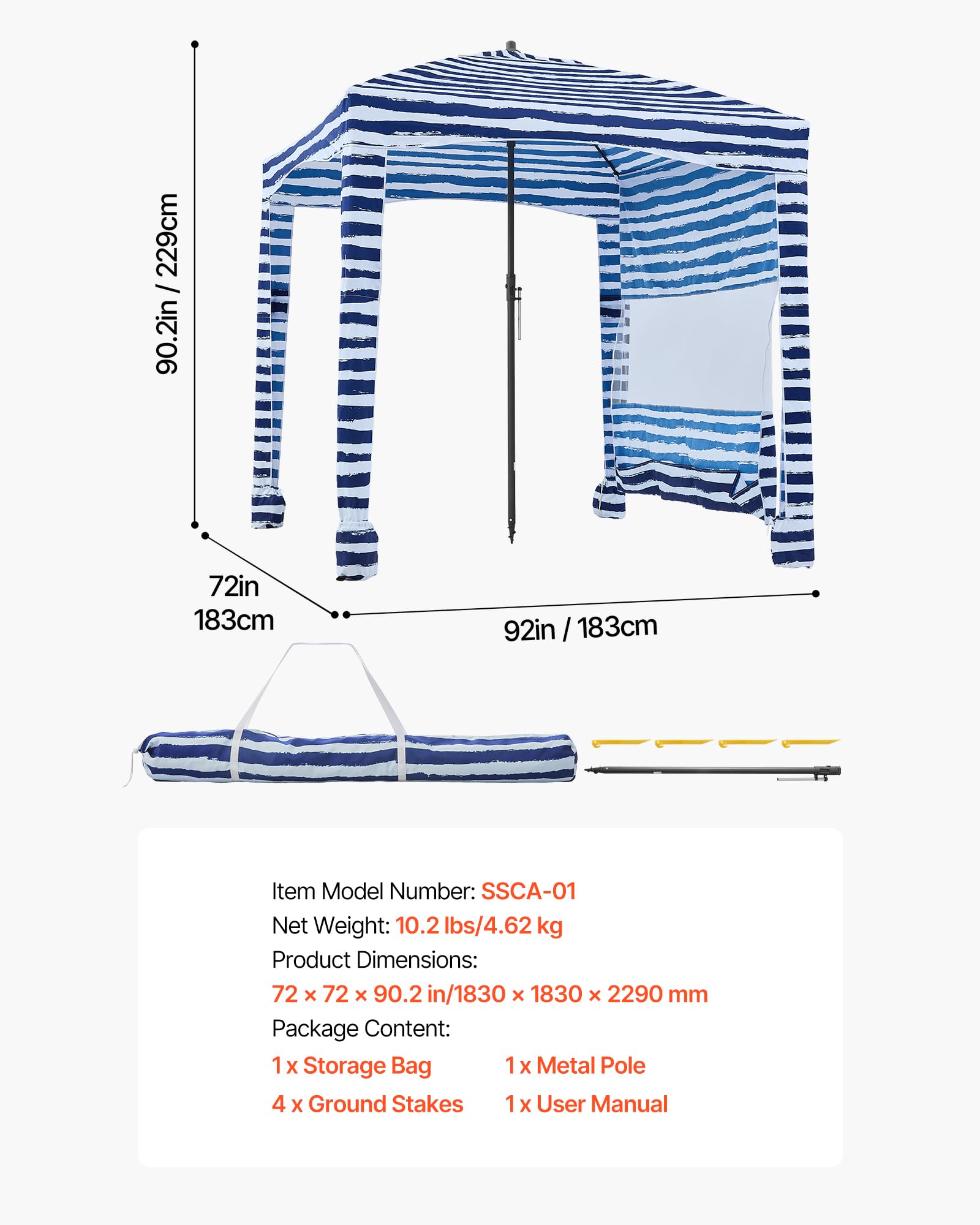 VEVOR Cabaña de Playa con Panel Lateral, Protección Solar UPF 50+, Sacos de Arena, Sombrilla Portátil para Disfrutar en Familia y con Amigos, Rayas Azul Marino y Blanco, 1830 x 1830 x 2290 mm